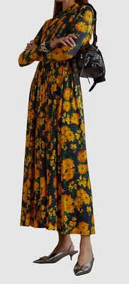 $3190 Balenciaga Women's Yellow Draped Floral-Print Satin-Jersey Dress Size 38 - Image 1 of 4