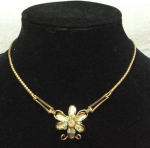 Vtg Estate Jewelry ~ Goldtone FLOWER Necklace TURQUOISE Rhinestones ~ 15" L - Picture 1 of 11