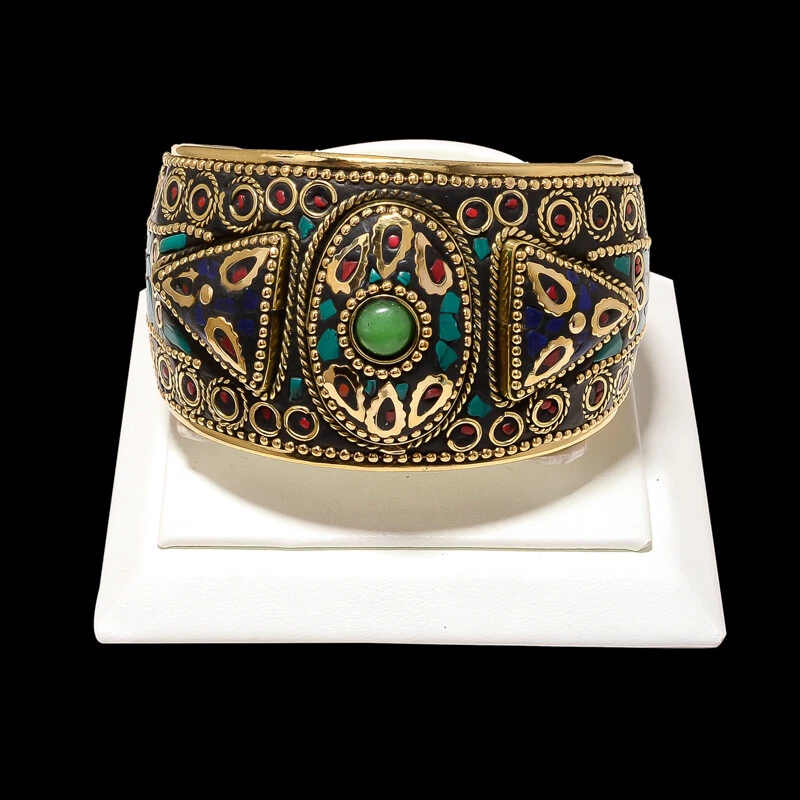 Turquoise, Onyx & Red Coral Gemstone Tibatan Antique Handmade  Style Cuff - Image 1 of 1