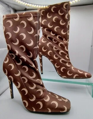 Public Desire Saturn Returns Brown Stilletto Heel Printed Fabric Boots In Size 6 - Image 1 of 4