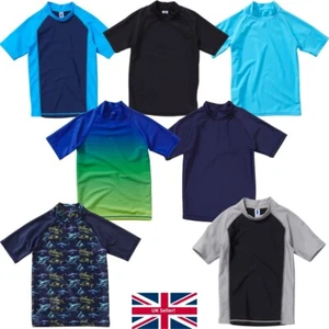 Boys UV UPF50+ Sun Protection Short Sleeve Rash Top Swim Surf Vest School H2O - Picture 1 of 28