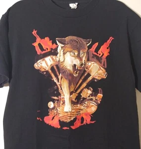 Motorcycle Engine Wolf Flames Biker Night Creature Graphic T Shirt Black Size L - Picture 1 of 3