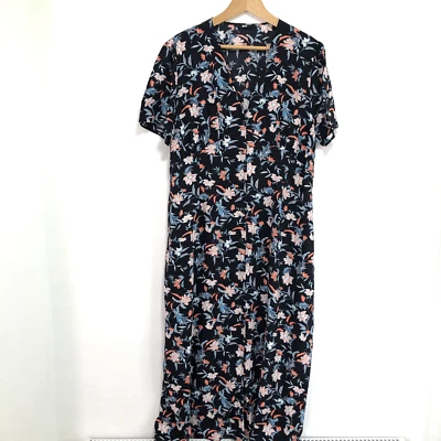 Uniqlo Midi Dress Large Full Button Front Floral Black V-Neck Short Sleeve - Image 1 of 4