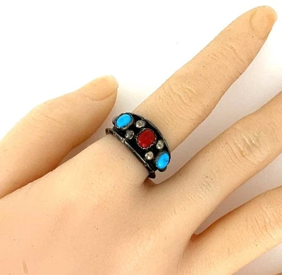 Vintage Native American Zuni Sterling Silver Turquoise Coral Ring Size 7.75 - Image 1 of 4