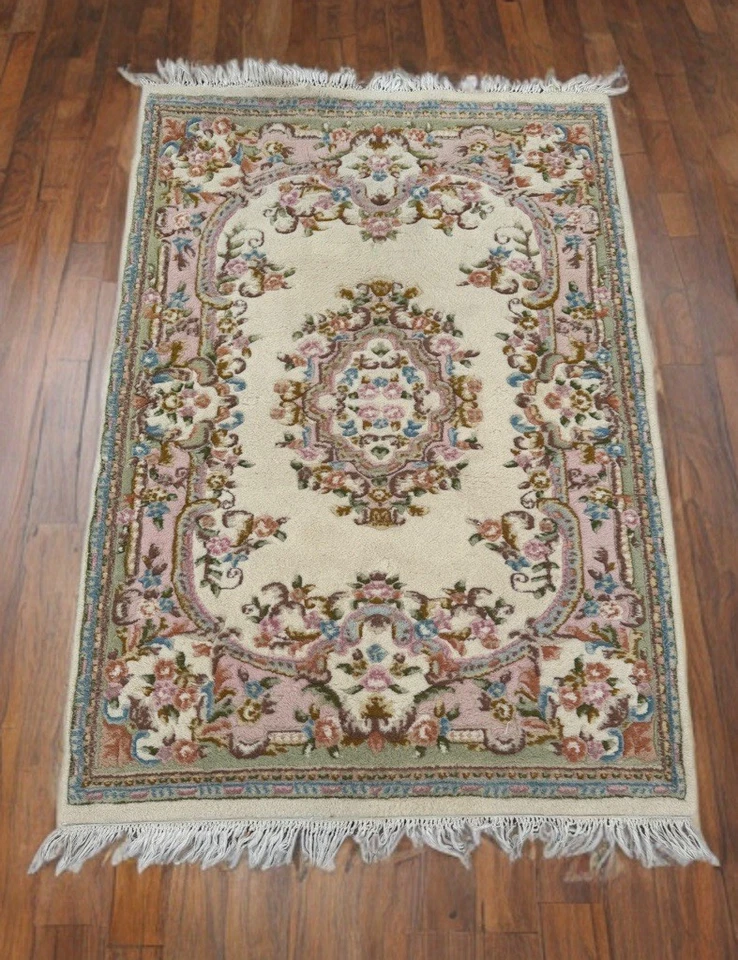 Alfombra floral de lana Ethan Allen vintage 4x6 marfil rosa verde flecos Foto 1 de 4