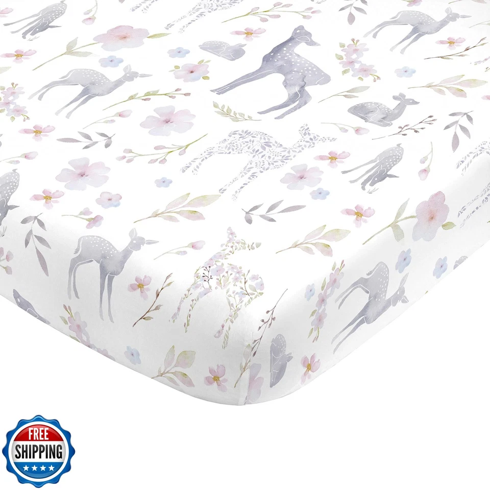 Sábana Ajustable NoJo Súper Suave Floral Ciervo Cuna, Gris, Azul Claro, Rosa Foto 1 de 3