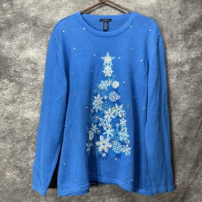 Suéter Westbound Copo de Nieve Árbol de Navidad Mujer XL Azul Bordado Estrás Foto 1 de 4