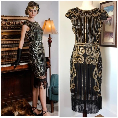 Vestido Negro Dorado Lentejuelas Flecos S Baile Fiesta Año Nuevo Gatsby 1920 Aleta Disfraz NUEVO Foto 1 de 4