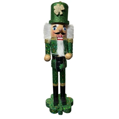 Kurt Adler St. Patrick's Day Shamrock Green Glitter Wooden Nutcracker 15 in READ - Image 1 of 4
