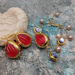 Cultured Purple Pearl Murano Glass Red Quartz Charm Bracelet Earrings Sets - Picture 1 of 6