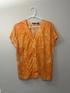 Blusa Tahari donna media 100% lino stampa foglia arancione bottoni naturale casual - Foto 1 di 6
