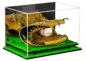 Acryl Baseball Handschuh Vitrine mit Spiegel, grüne Setzstufen & Rasenfuß (A004) - Bild 1 von 2