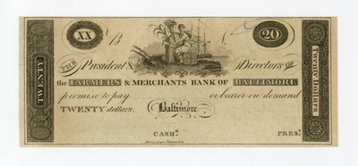 1800's $20 The Farmers & Merchants Bank of Baltimore, MARYLAND Note UNC - Image 1 of 2