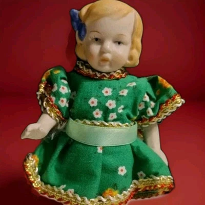 Muñeca Vintage Bisque Niña Shackman 6" Alto Vestido Verde Cabello Rubio Foto 1 de 4