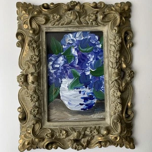 Framed Orig Painting Blue Hydrangeas Vase Dark Classic Impressionist Signed 7x9” - Picture 1 of 7