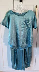 BB Dakota Satin PJ Set Womens S Turquoise 2 Piece Slit Pants Lounge - Picture 1 of 12