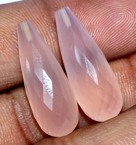24x9 mm Natural Chalcedony Pink Tear Drops Pair With Drilled Faceted Gemstones - Picture 1 of 4