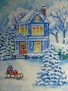 Watercolor Painting Snow Country House Christmas Presents Winter Nature ACEO Art - Picture 1 of 2