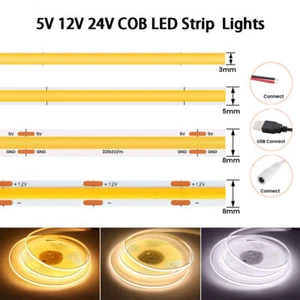 320 LED COB Strip Lights 5V 12V 24V 3mm 5mm 8mm Flexible Tape Rope Cabinet White - Picture 1 of 29