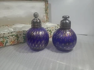 Antique MURANO ITALY Glass Salt & Pepper Shakers S&P Blue Gold With Box - Picture 1 of 10