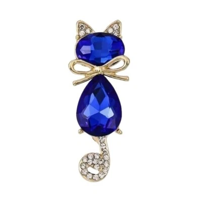 Elegante broche prendedor de gato con piedras preciosas azul cobalto con detalles de cristal Foto 1 de 2