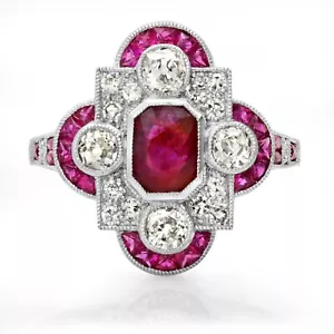 Ruby Diamond Platinum Ring Art Deco Antique Estate Finish Certified Natural - Picture 1 of 7