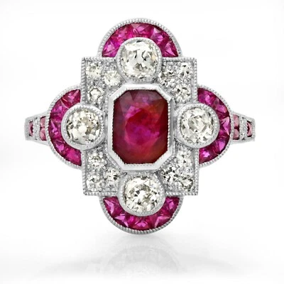 Rubin Diamant Platin Ring Art Déco Antik Estate Finish Zertifiziert Natürlich - Bild 1 von 4