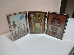 Set of 3 Masonic tracing board prints in 3 connecting brass frames 39 x 18cm VGC