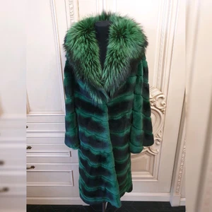Men's Natural Rex Rabbit Fur Green Coat With Silver Fox Hood Winter Fur Overcoat - Picture 1 of 4