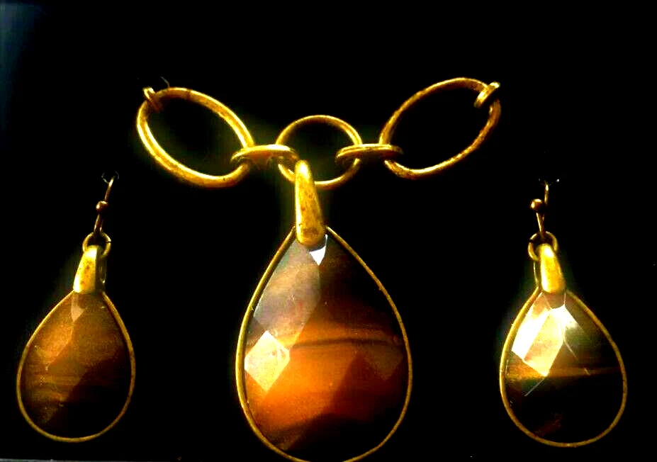 Avon Imitación Lg Pera Ojo de Tigre Largo Ajustable Collar Colgante Pendiente Conjunto de Regalo Nuevo en Caja Foto 1 de 4