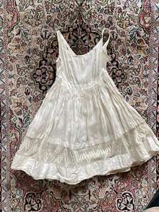 Antique 1890s 1900s Edwardian Girls Linen Dress Crochet Lace Trim 25 Bust - Picture 1 of 17