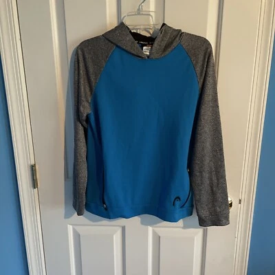 Sudadera con capucha de manga larga con cabeza talla 14/16 para niños jóvenes ligeramente usada azul/gris Foto 1 de 3