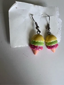 Sparkle yellow, green, pink ice cream cone earrings - Picture 1 of 5