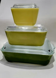 Vintage Pyrex Green Yellow Dish Set 6 Piece With Lids USA  - Picture 1 of 11