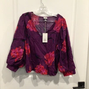 Top donna X Large viola rosso fiori maniche a sbuffo 3/4 nuovo con etichette A New Day - Foto 1 di 3