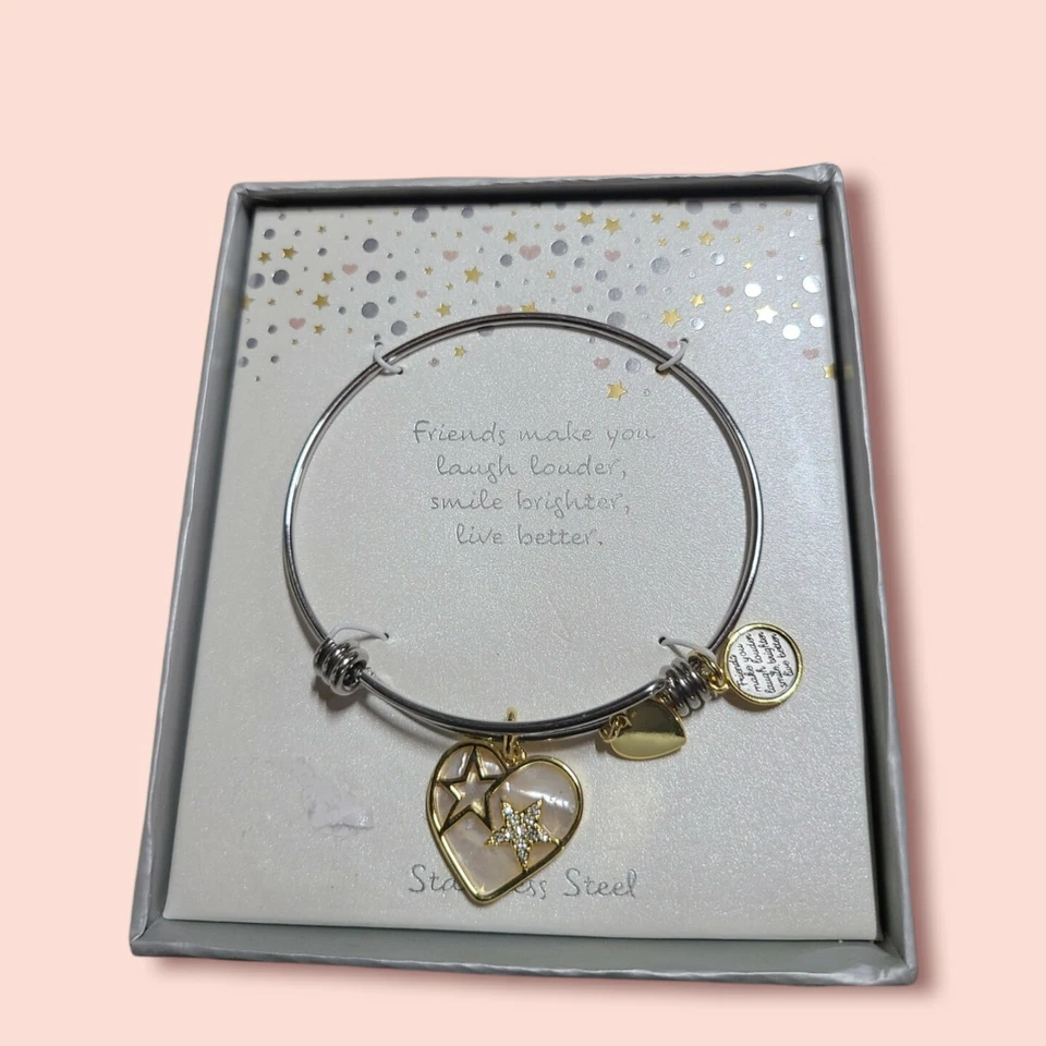 Stainless Steel Sisters Different Flowers Same Gardens Bangle Bracelet Heart