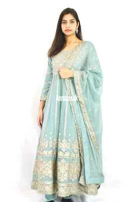 Wedding Gown Asian designer readymade Maxi Partywear blue gold 3pc Anarkali suit - Image 1 of 3