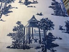 New Designer chinoiserie Pagodas  Toile  Blue on White Linen Fabric by the Yard