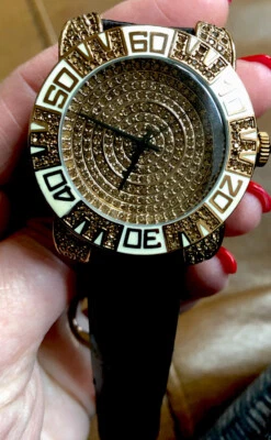 Croton Rose Gold Plated Pave Watch Brown Patent Band 44MM - Photo 1/4