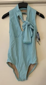 Karla Colletto Swimsuit 12 Beaded Bow Plunge Turquoise Blue Aqua RARE Resort 1 - Picture 1 of 7