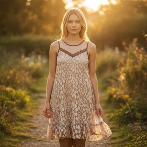 Vestido Ryu CottageCore Sin Mangas Beige Encaje Superpuesto Playa Boho Talla S - Imagen 1 de 10