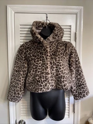 Gap Kids XXL Faux Fur Leopard Print Hooded Cropped Jacket SOFT Fits Adult XS/S - Image 1 of 4