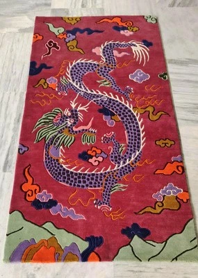 Hand Knotted Vintage Antique Tibetan Dragon Rug 3x6 ft Wool Floor Home Decor Rug - Image 1 of 4