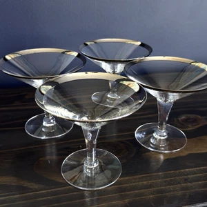 Set/4 MCM Coupes Cocktail Champagner Silberrand Gläser Bargeschirr Vintage Thorpe? - Bild 1 von 10