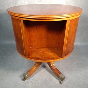 VTG Wade Yew Veneer Revolving Bookstand Bookcase Side Table Brass Castors Prop - Picture 1 of 14