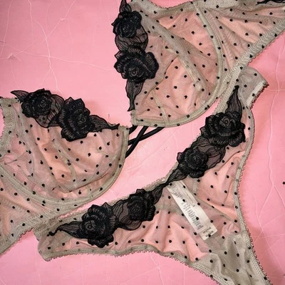 Victoria's Secret JUEGO SUJETADOR 38D SIN FORRO L BEIGE NEGRO lunares floral bordado Foto 1 de 4