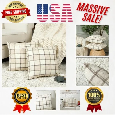 Capas de travesseiro de linho outono 20x20 polegadas - Conjunto de 2 xadrez rústico búfalo - Imagem 1 de 4