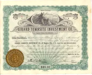 Indian Territory 1905 1 Share Girard Townsite Douglas Oklahoma Stock Certificate - Picture 1 of 2