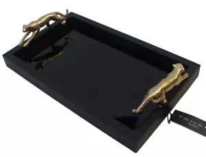 New Black Holllywood Regency Jungle Animal Serving Tray W/ Gold Cheetah Handles - Picture 1 of 3