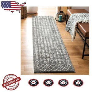 Tulum Collection 2' x 8' Runner Rug - Dark Grey & Ivory Moroccan Boho Style - Picture 1 of 2